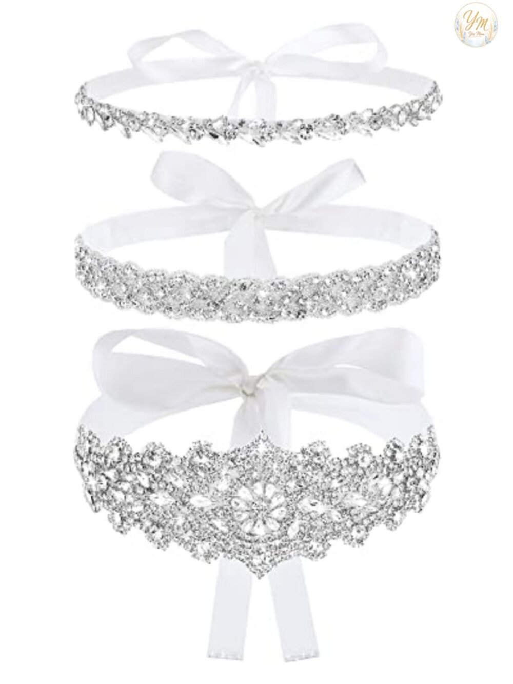 3pc Rhinestone Wedding Dress Belts Bridal Sash Set Ribbon Tie